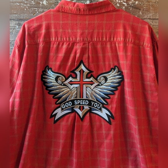 Upcycled Handcrafted Dip Dyed Bleached Red Plaid Button Down Shirt W God Speed - Picture 3 of 14